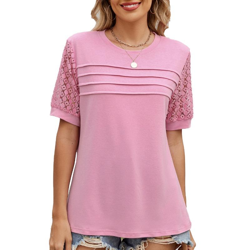 

Женская однотонная повседневная футболка с круглым вырезом и кружевными рукавами, весна-лето XXL розовый