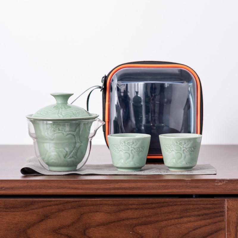 Celadon Ge Kiln Opening Film Can Raise Outdoor Portable Travel Tea Set, One Pot and Two Teacups, Gifts