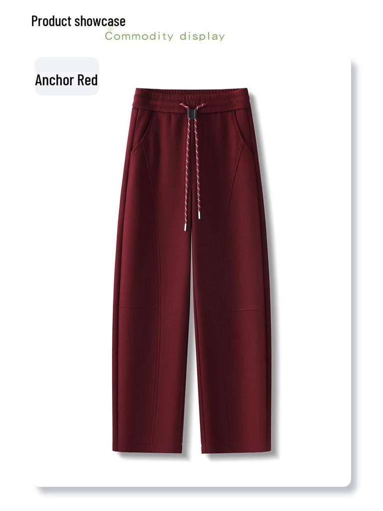 Ankola Women's Red Fleece-Lined Straight-Leg Banana Pants - Autumn/Winter 2024 Casual Style