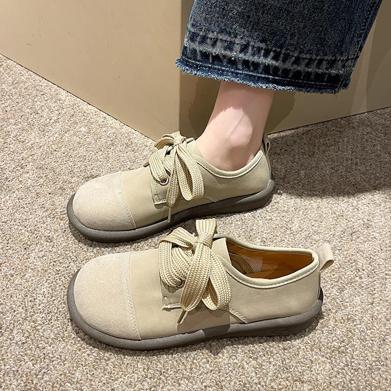 Fashion 2024 Lace up Vintage Bucken Shoes for Women New Thick Sole Pea Shoes Genuine Leather Cow Reverse Fur Sen Series Single Shoes