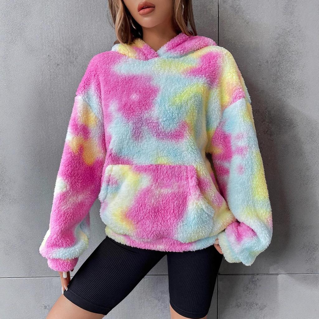 Dámska neformálna všestranná mikina s kapucňou a vreckom, tie-dye, plyšová, výpredaj oblečenia