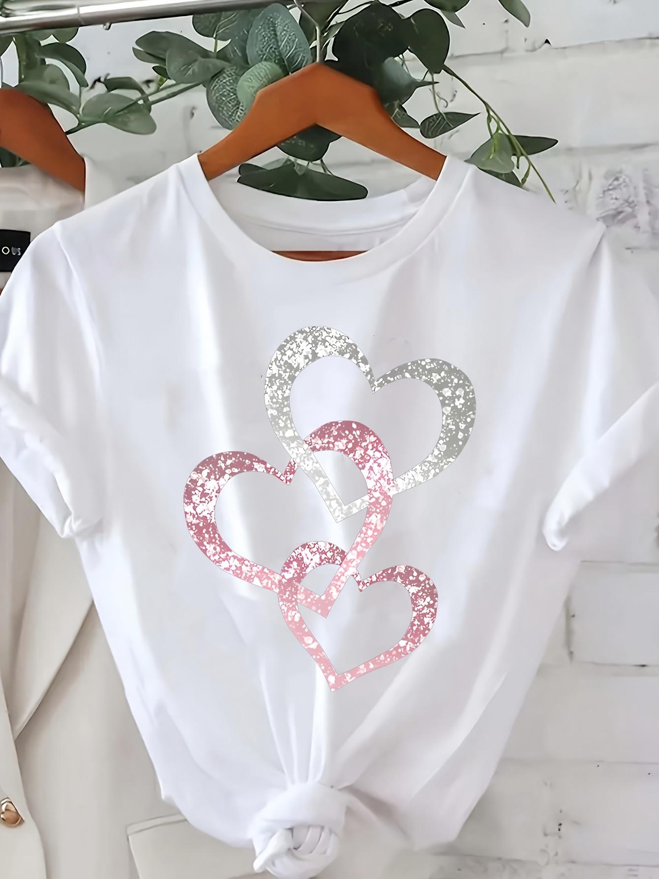 Women Clothing Women Casual Short Sleeve Heart Print Patterns Spring and Summer Fashion TShirt with Three Aesthetic Clothes S