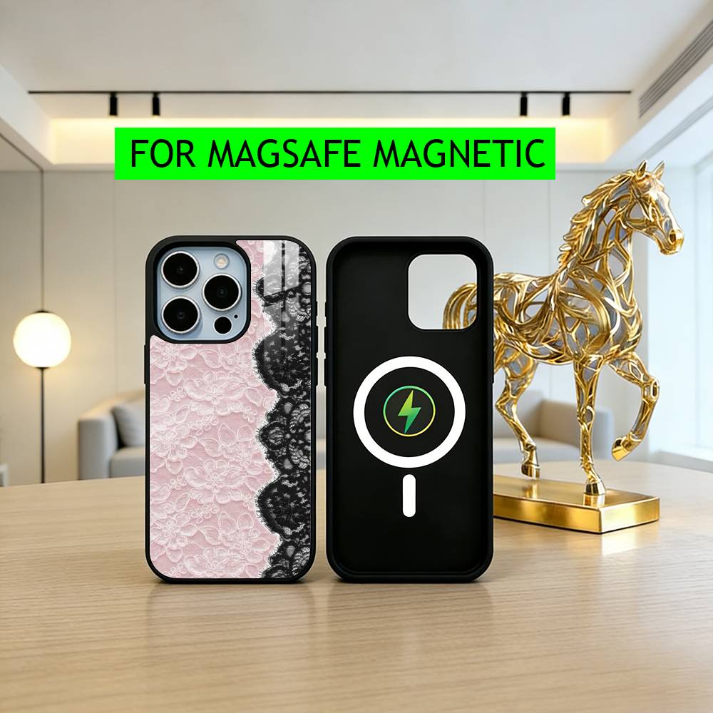 Beautful Black L-lace Print Phone Case For iPhone17,16,15,14,13,12,11 Plus,Pro Magnetic For Magsafe Wireless Charging