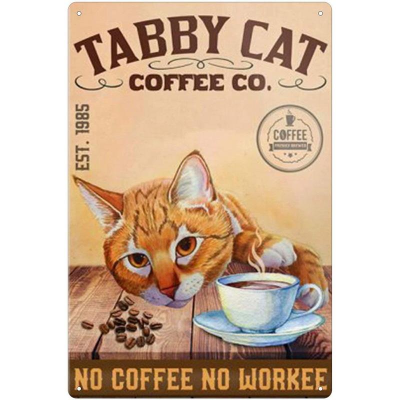 Hisun Tin Sign Vintage Funny Cat Coffee Themed Metal Tin Sign Retro Cute Kitten Wall Art Decor for Home Kitchen Cafe Bar Rustic Iron Painting P