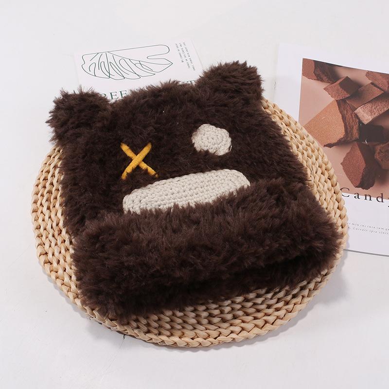 

Японская милая плюшевая шапка для женщин, мультяшная вязаная шапка, уличная ветрозащитная и теплая шерстяная шапка, универсальная шапка-пуловер M（56-58cm）