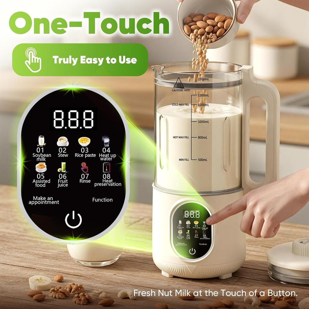 Hacedora de Leche de Nueces de 55 oz, Máquina Hacedora de Leche Vegetal 10 en 1, 800W 20 Cuchillas Mezcla Suave — Hacedora de Leche de Soja/Almendras/Avena — Máximo Caliente 27 oz, Un Toque