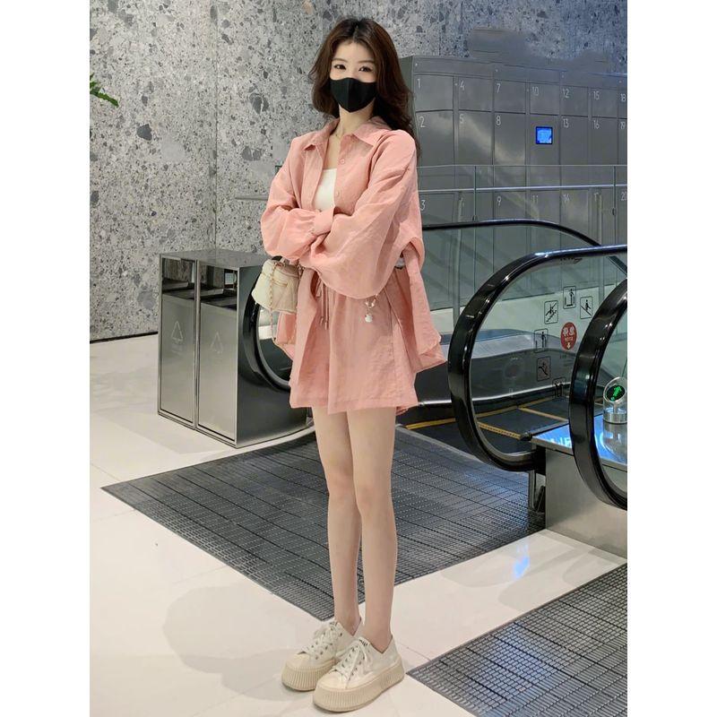 

Summer Clothes Matching a Set of Women s 2025 Early Autumn Long Sleeves Shirt Shorts Two-piece Set Small Man Fashion Casual Set Pink Suit S(80-100)