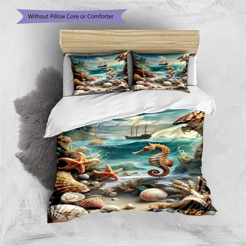 Seahorse Starfish Seashell Ocean Sailboat Print 3 Pieces Duvet Cover Set Sea Animal Bedding Bedroom Home Decor Without Pillow Core Comforter