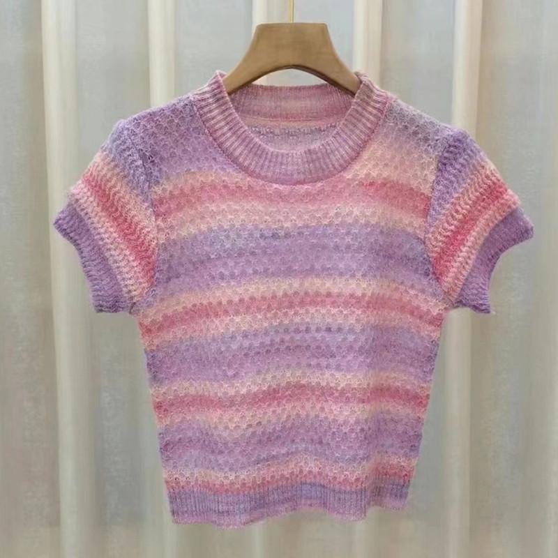 

Sweet Gradient Color Round Neck Knit Sweater Summer Niche Design Sense Short Tops Casual Summer Essential Comfort and Style Slim Fit Pullovers Tees One Size фіолетовий