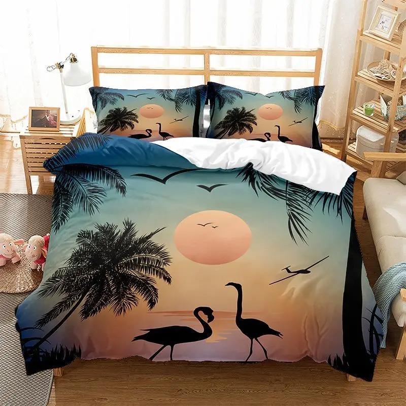 Beach Duvet Cover Twin King Size Microfiber Coconut Palm Trees Bedding Set Sunset Tropical Sandy Beach Landscape Comforter Cover