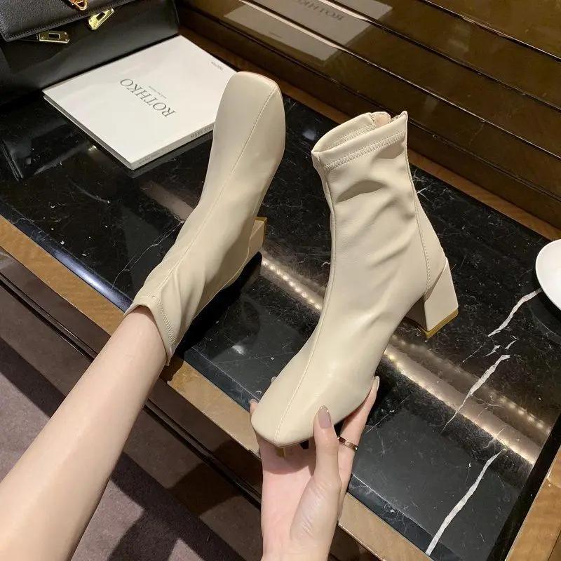 Women's Fashion Chunky Ankle Boots Autumn New Fashion Pointed Toe Square Head Short Thick Zipper Comfortable Non-slip Goth Boots