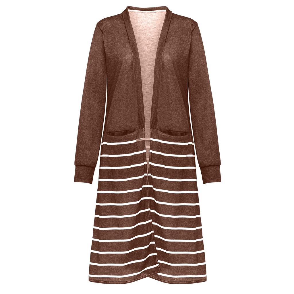 Ladies Fashion Casual Stripe  Loose Print Long Sleeve Long Cardigan Coat