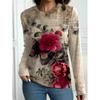 Spring and Autumn Round Neck Vintage Flower Graphic 3D Printed Top Fashionable Casual Long Sleeved Women's T-shirts