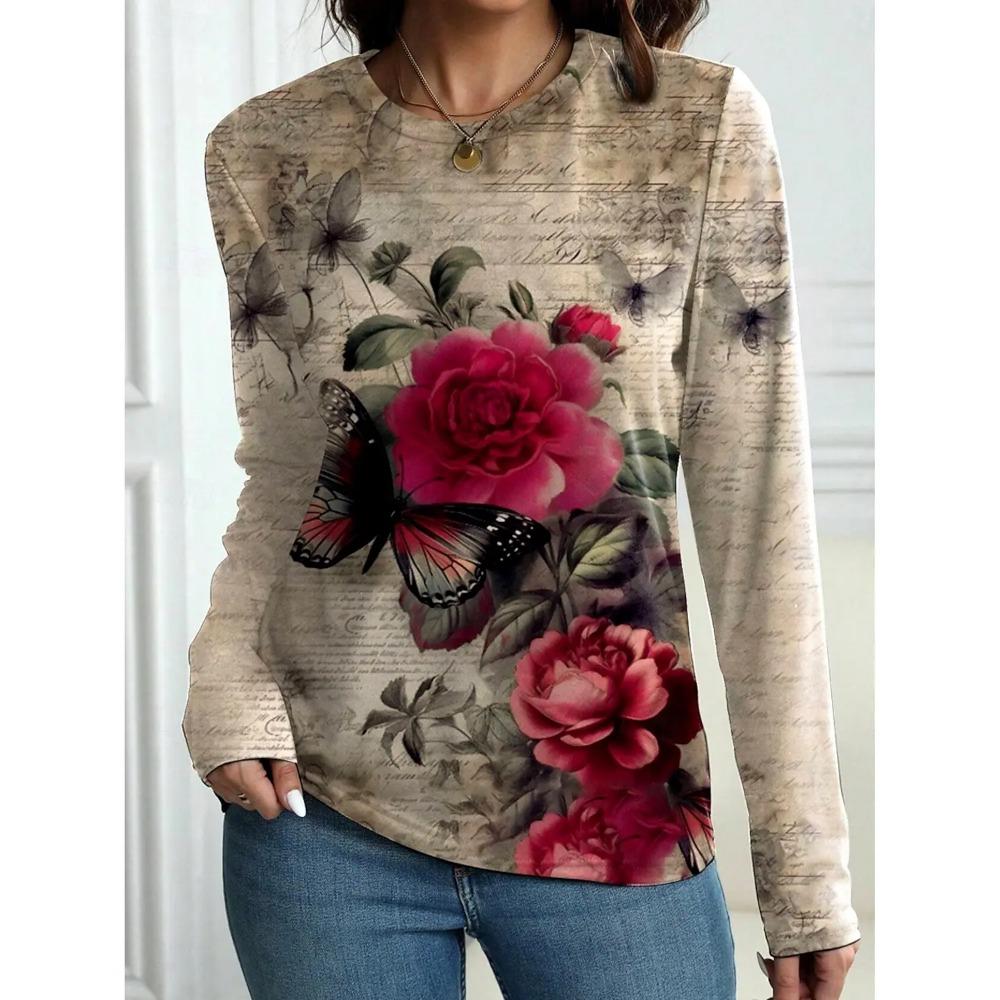 Spring and Autumn Round Neck Vintage Flower Graphic 3D Printed Top Fashionable Casual Long Sleeved Women's T-shirts