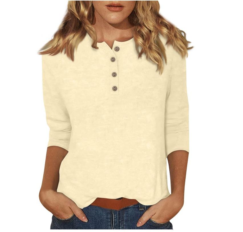 Women's Long Sleeve Round Neck Button Detail Blouse Solid Color Casual Top