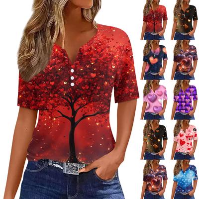 Dames T-shirt Tee Print Knoop Korte Mouw Dagelijks Weekend Mode Basic V-hals Normaal Top Valentijnsdag