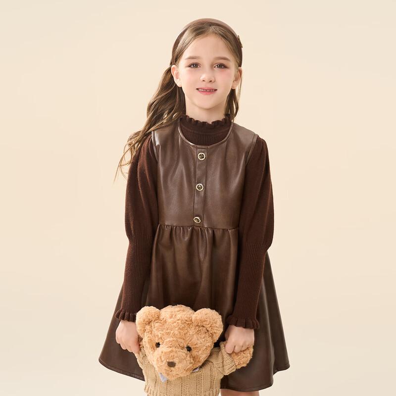 Montagut Girls  Plush Ruffle Knit Top & PU Leather Vest Dress Set 150