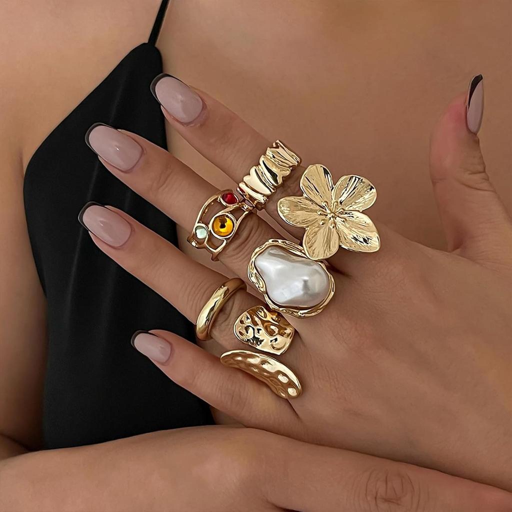 Chunky Gold Rings for Women Non Tarnish Statement Flower Ring Baroque Pearl Stackable Rings Set 6Pcs Chunky Jewelry