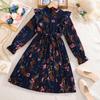 Girls' Vintage-Style Dress Spring Children's Elegant Print Long-Sleeve Ruffled Pleated Dress