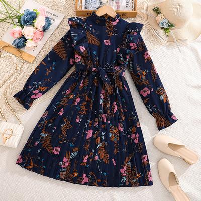 Vestido Feminino Estilo Vintage Primavera Infantil Elegante Estampado Manga Longa Babados Plissados
