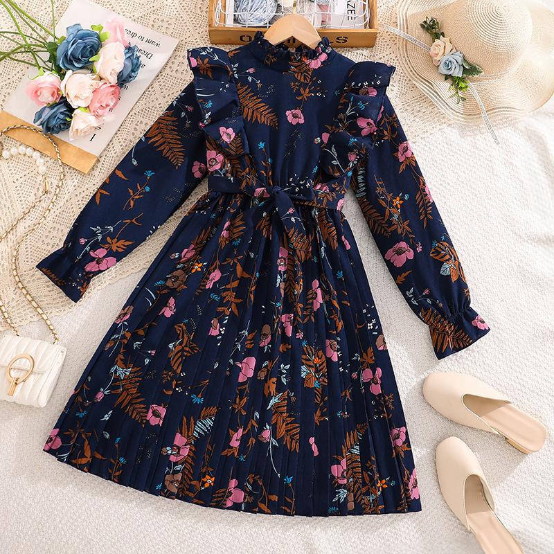 

Винтажное платье для девочек Весеннее детское элегантное платье с принтом, длинным рукавом, оборками и плиссировкой 130cm=8Y