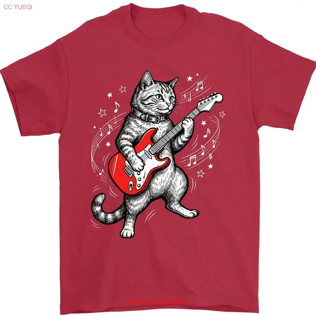 Funny Cat Playing Guitar Rock and Roll Humor Music Vibes For Lovers T Shirt Vintage Washed Comfortable Graphic Designer Clothes