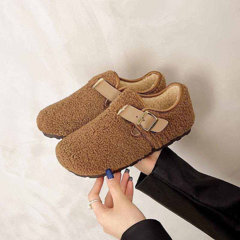 Winter new velvet thickened non-slip felt warm shoes women's comfortable lazy cotton shoes belt buckle Doudou shoes