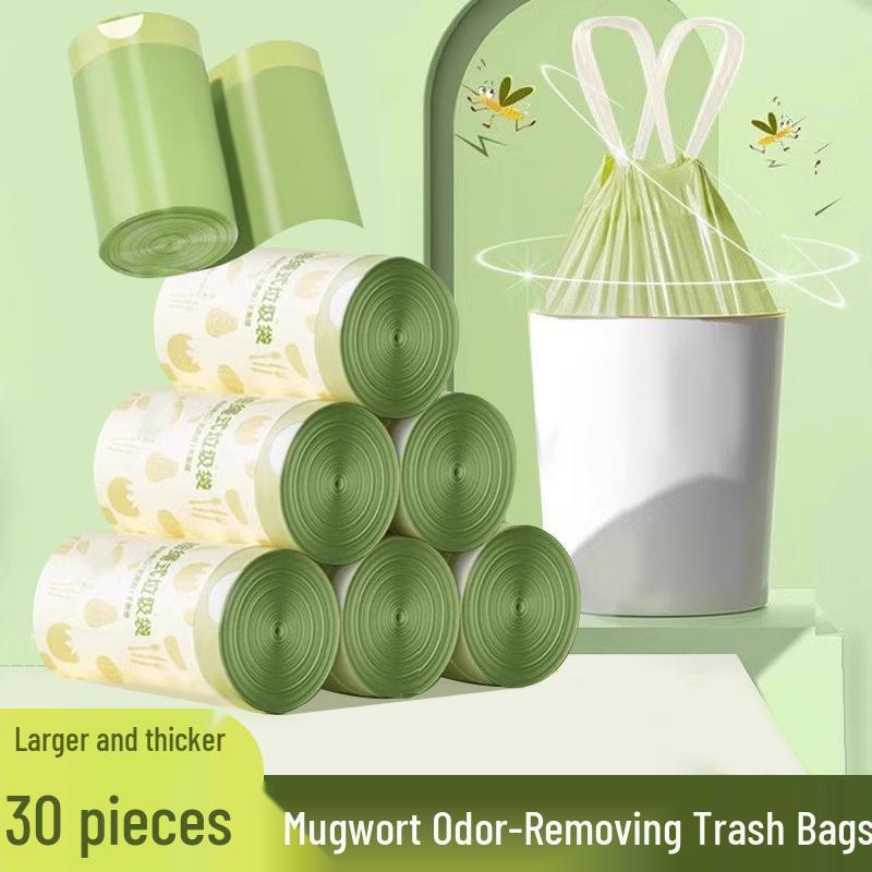 Mugwort Scented Extra-Thick Disposable Kitchen and Dorm Garbage Bags with Drawstring - Large and Portable
