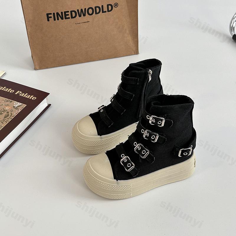 Fashion Retro Fashion Buckle Design Thick Soled Casual Canvas Short Boots for Women 2025 Autumn Comfortable Non Slip Chunky Ankle Boots