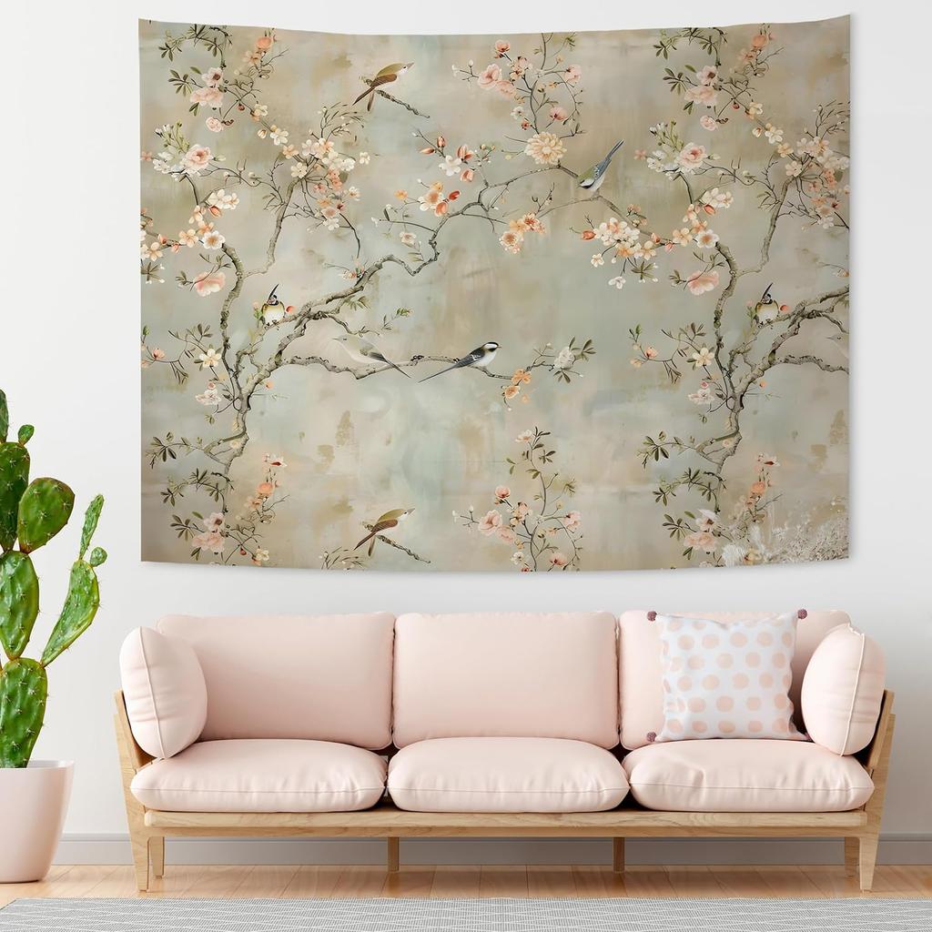 Chinoiserie Cherry Blossom Tapestry Cherry Blossom Wall Hanging Tapestries for Bedroom Living Room Dorm Girls Room Home Decor