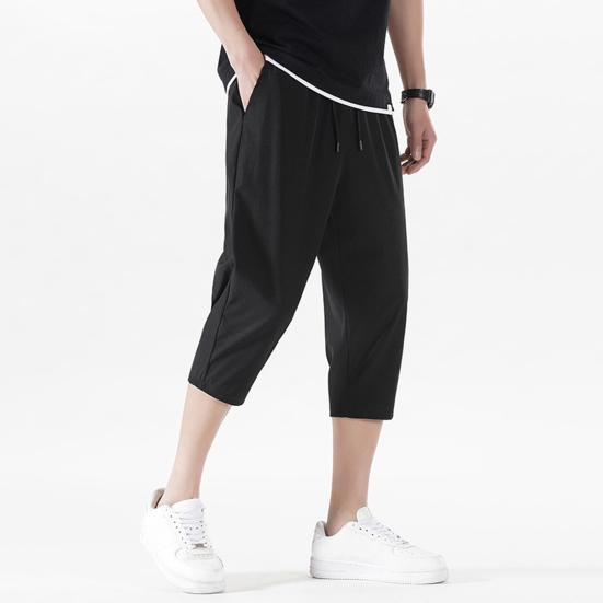 Men Cropped Pants Elastic Waistband Drawstring Quick-Drying Breathable Fit Fabric Loose Design Sports Leisure Pants