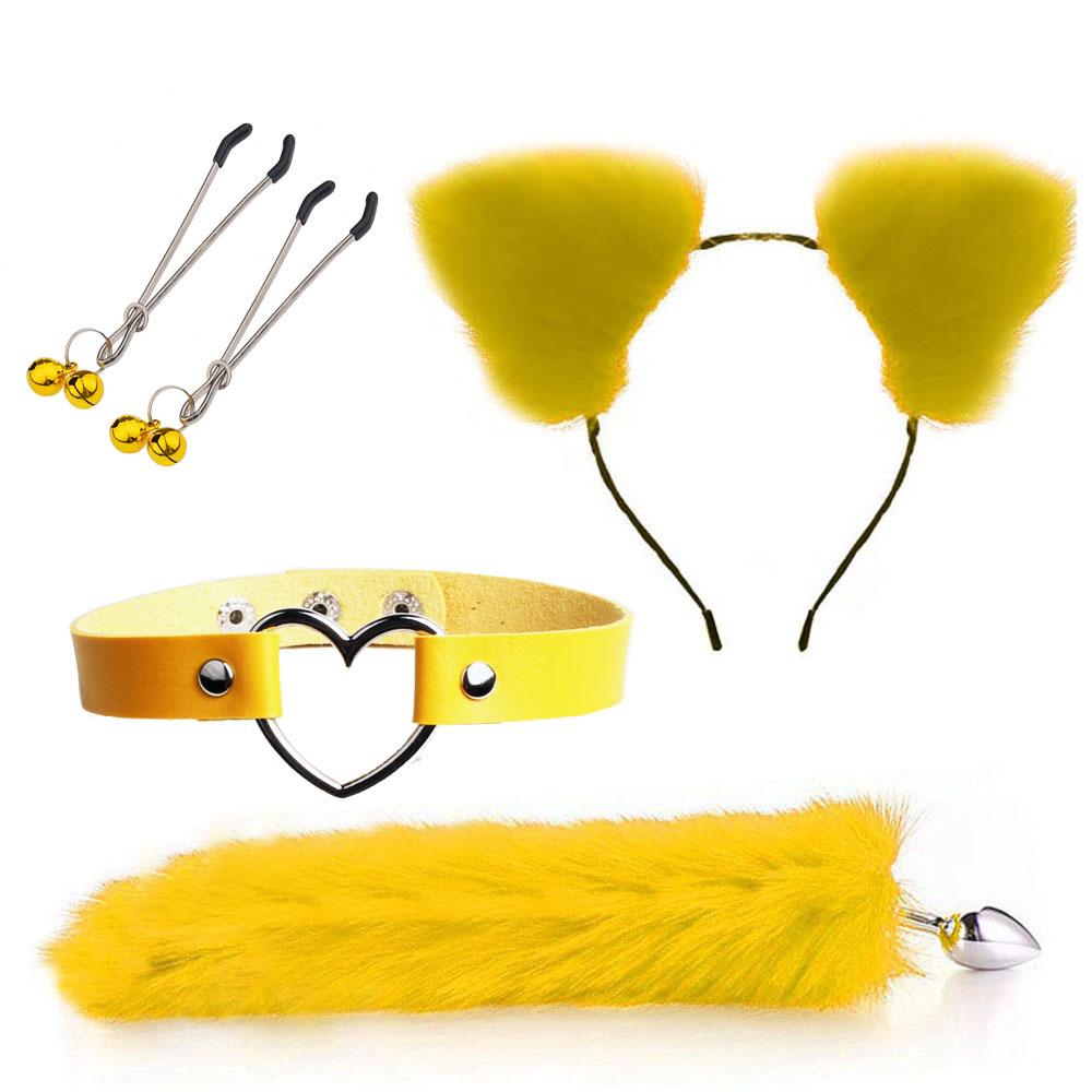 Anal Sex Toys Fox Tail Butt Plug Sexy Plush Cat Ear Headband with  Leather Necklace Set Massage Sex Toys Women Couples Cosplay