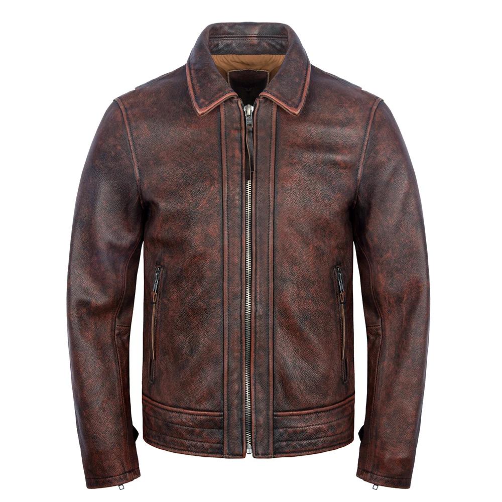 Men's Leather Jacket Vintage Red Brown Real Cow Leather CoatTurn Down Collar Spring Autumn