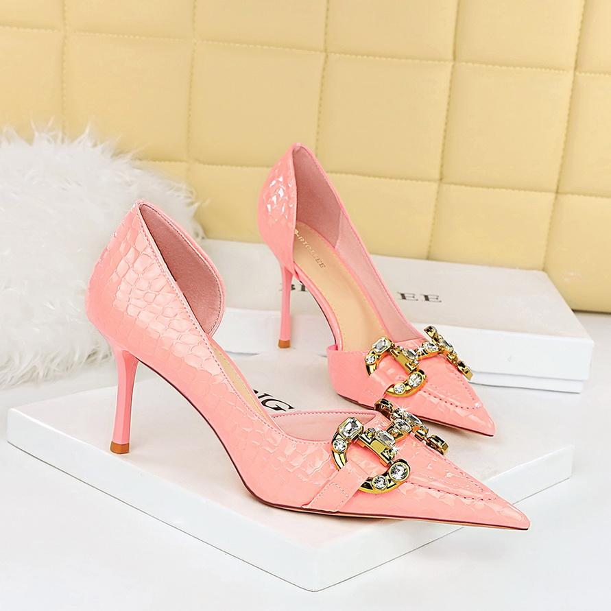 Women's Banquet High Heels Slim Heels High Heels Shallow Mouth Pointed Side Hollow Metal Water Diamond Buckle Single Shoes