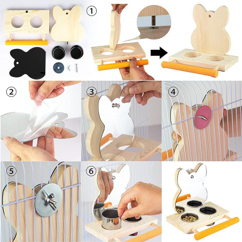 Parrots Mirror With Feeder Cups Bowl Wooden Birds Interactive Self-happy Toy Puzzle Toy