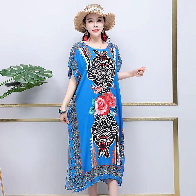 

Летнее повседневное свободное платье с коротким рукавом с круглым вырезом Женское винтажное платье в национальном стиле с натуральным принтом Женский дизайнер Повседневная одежда с открытой вилкой one size лазурит