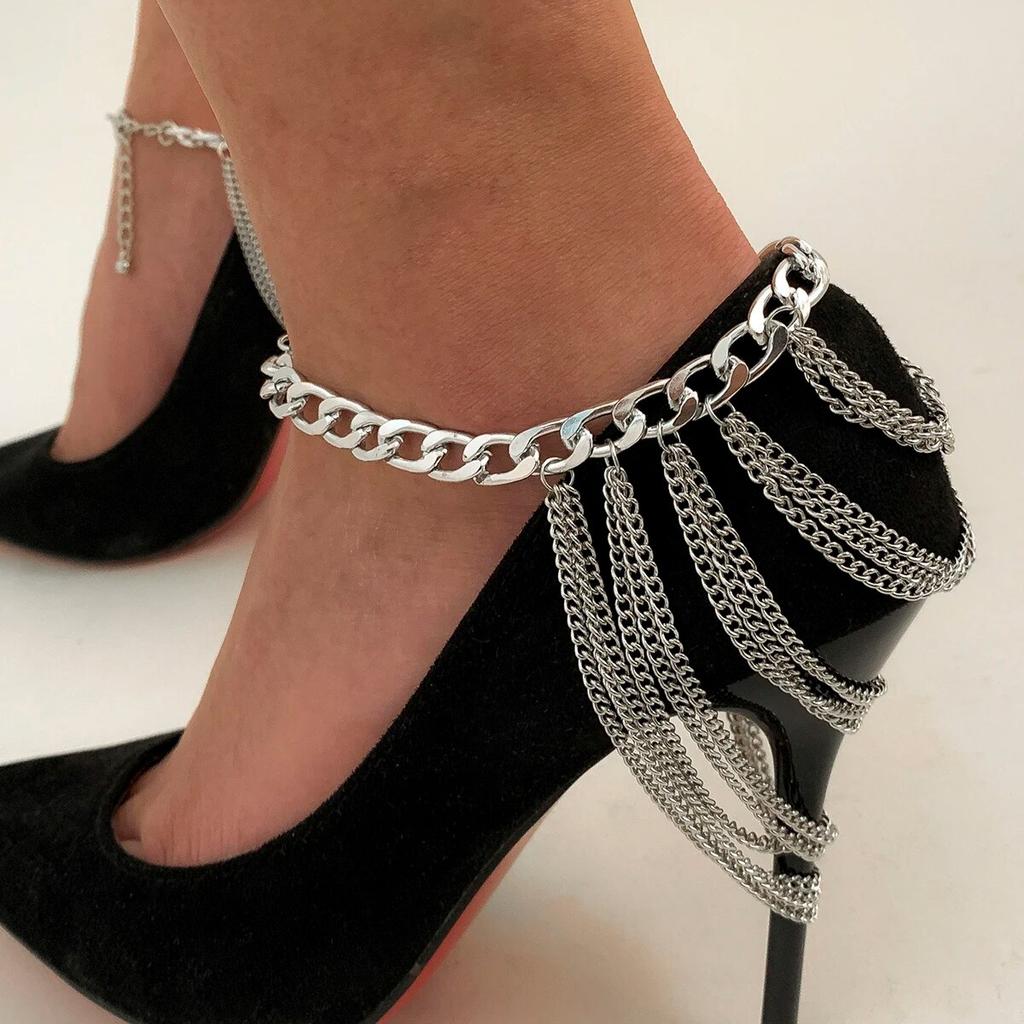 Sexy Elegant Multilayer Long Tassel Chain Anklets for Women Exquisite Gold Color High Heel Shoes Feet Chains Wed Party Jewelry