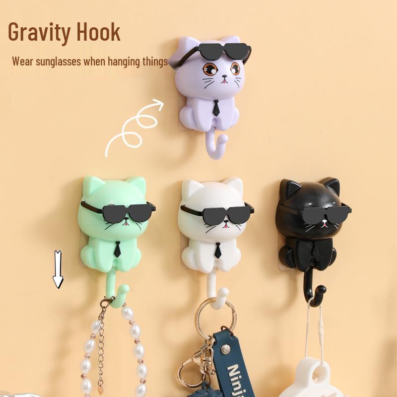 Rotating Black Cat Adhesive Wall Hook for Coats, Keys, and Hats - No-Drill Installation