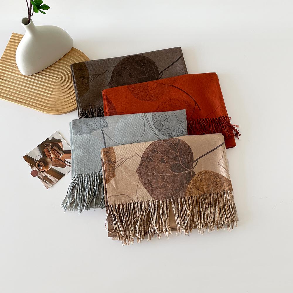 Long Digital Print Cashmere-Like Scarf, Leaf & Orange Design with Tassels, Warm Coffee Color Shawl for Women, Perfect for Spring & Autumn