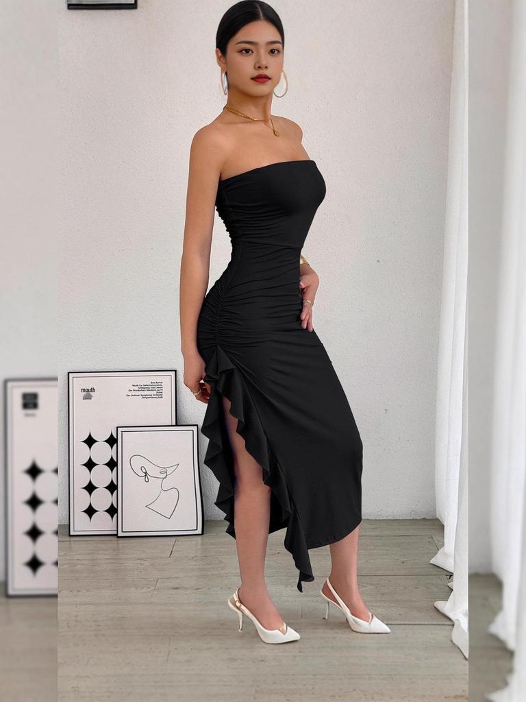 2025 European & American Slim-Fit Slit Bandeau Dress: Trendy Hip-Hugging Hot Girl Fashion