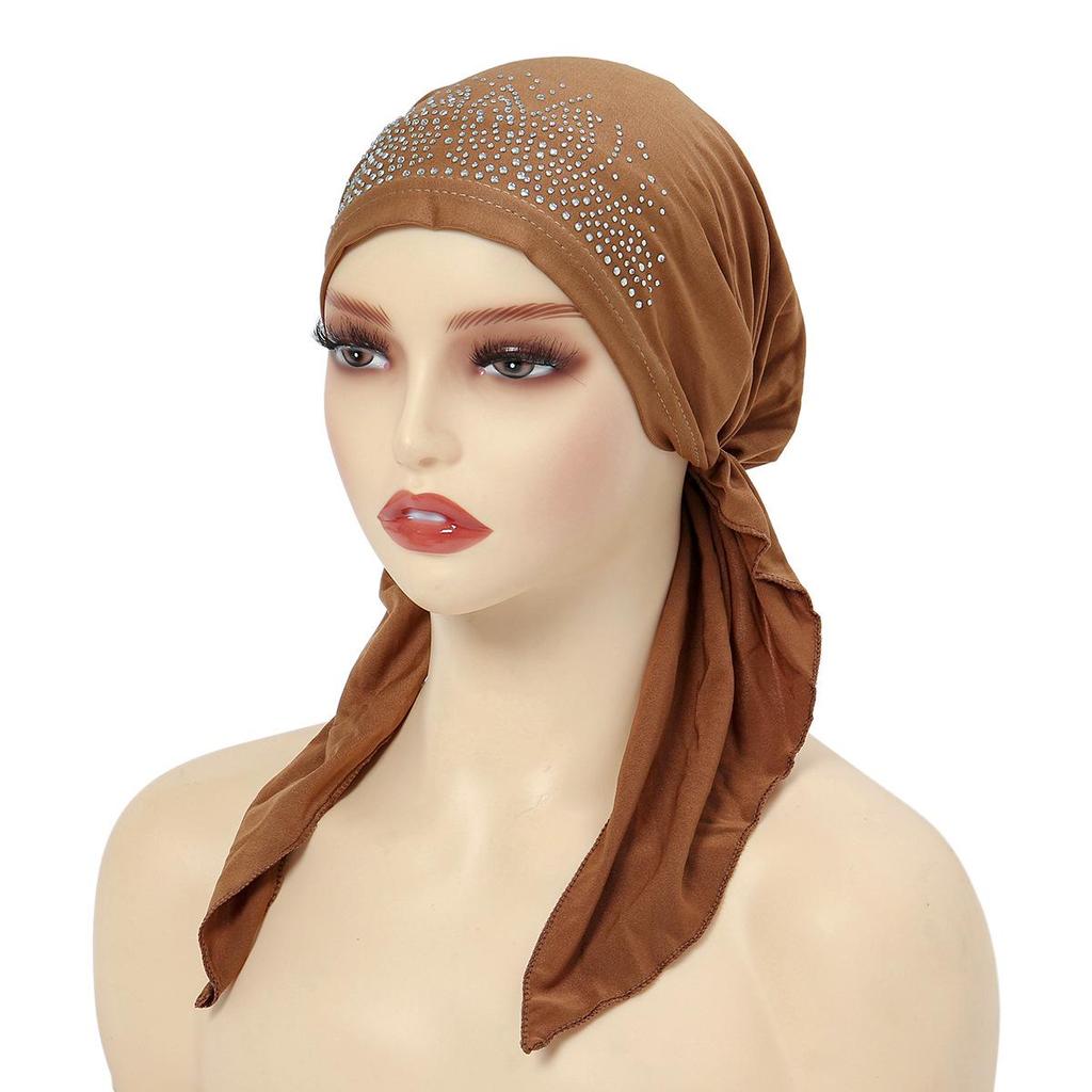 Neue Gebogene Strass Elastische Hijab Mütze mit Einfarbiger Indischer Kopftuch Stil