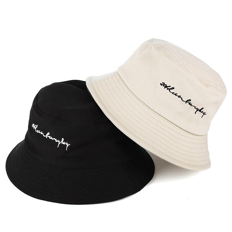 Simple Embroidery Bucket Hat For Women Solid Color Cotton Fisherman Cap Men Outdoor Travel Panama Basin Hat