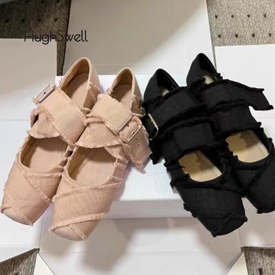 Fashion Luxury Fringes Cross Tape Ballet Flats Woman Elegant Square Toe Ankle Buckle Strap Ballerinas Ladies Brand Design Leg Tie Shoes