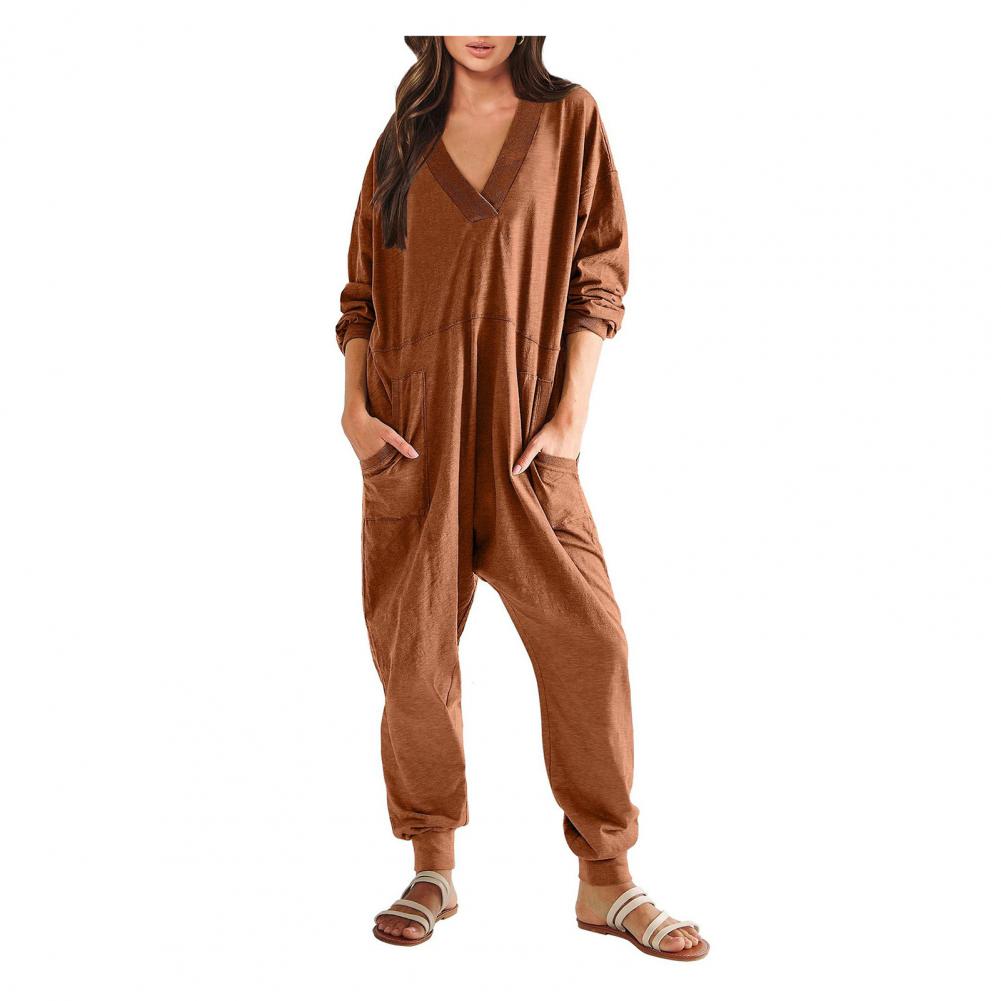Women Fall Winter Jumpsuit V-Neck Long Sleeve Comfortable Fit Oversized One Tone Pockets Deep Crotch Carryallgy Ankle-banded Soft Lady Pajam