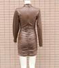 2022 Women's Faux Leather Stand-up Collar Pleated Bodycon Dress - European & American Fashion