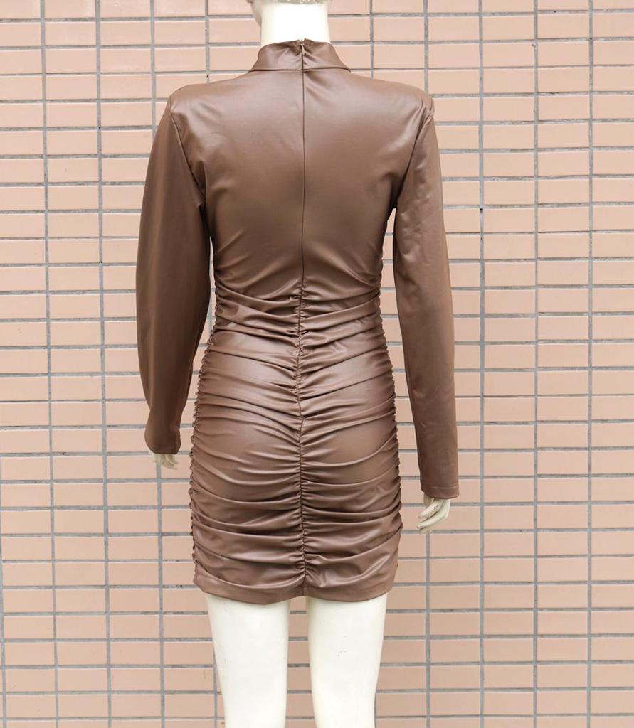 2022 Women's Faux Leather Stand-up Collar Pleated Bodycon Dress - European & American Fashion