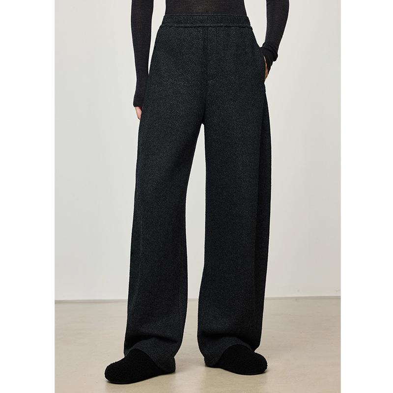 Women's Elegant Wool-Blend Dark Grey High-Waisted Loose Straight-Leg Trousers, 2025 Autumn/Winter Collection