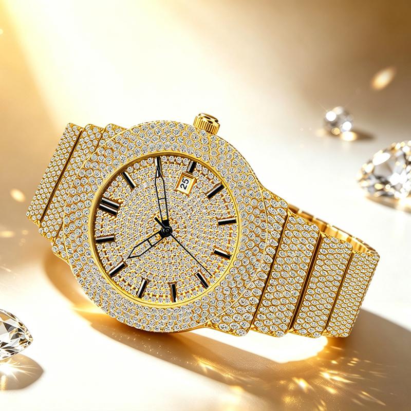 Damen Strass Uhren Hip Hop Stil Diamantbesetzte Quarz Armbanduhr Wasserdichte Schmuckuhr für Sie