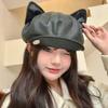 Woman Beret Leather Hat With Curved Brim And Cat Ear Detail For Trendy Dress Up