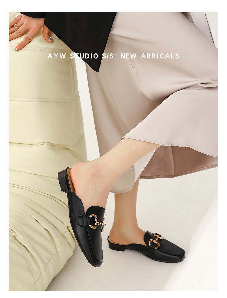 

Кожаные полусабо женские туфли на высоком толстом каблуке 2025 весна новые универсальные с квадратным носком сумка носок мюли носить сандалии женская обувь 41